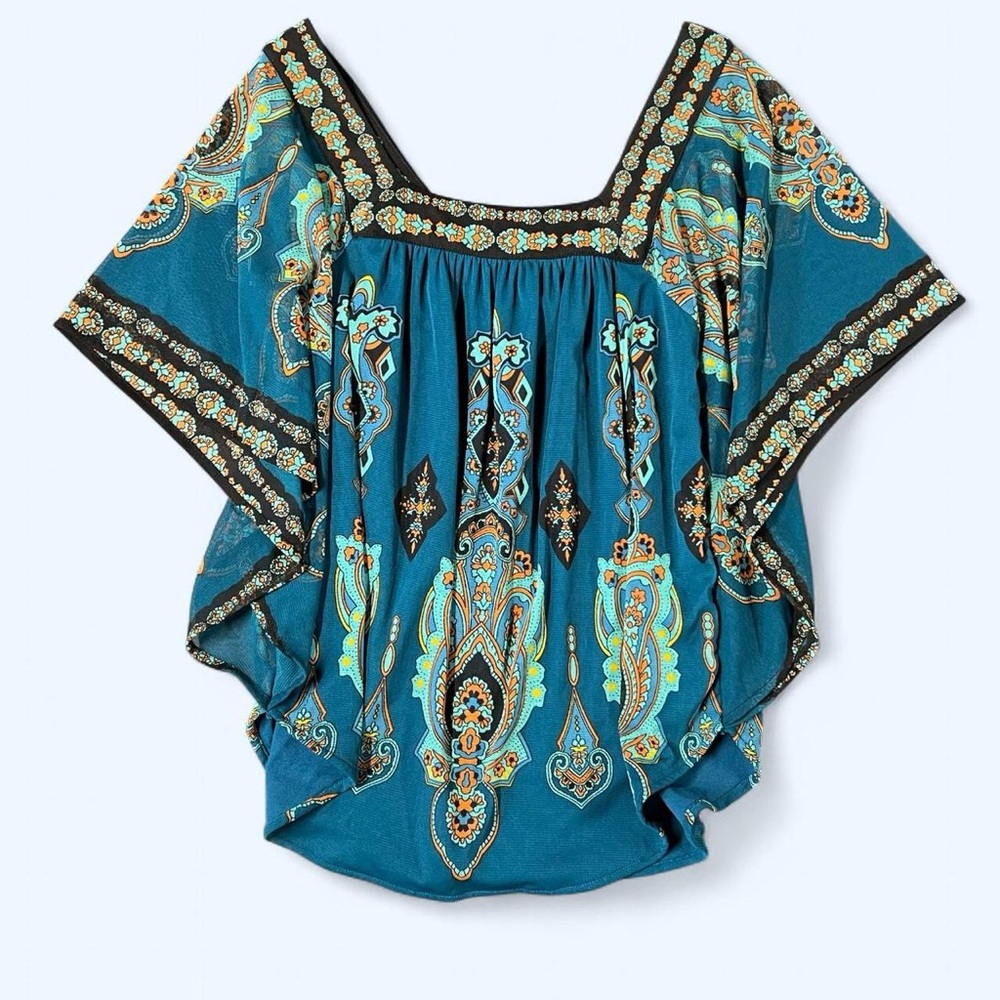 Y2K Butterfly Sleeve INC Boho Blouse Small Blue Green Patterned Fairy Flowy